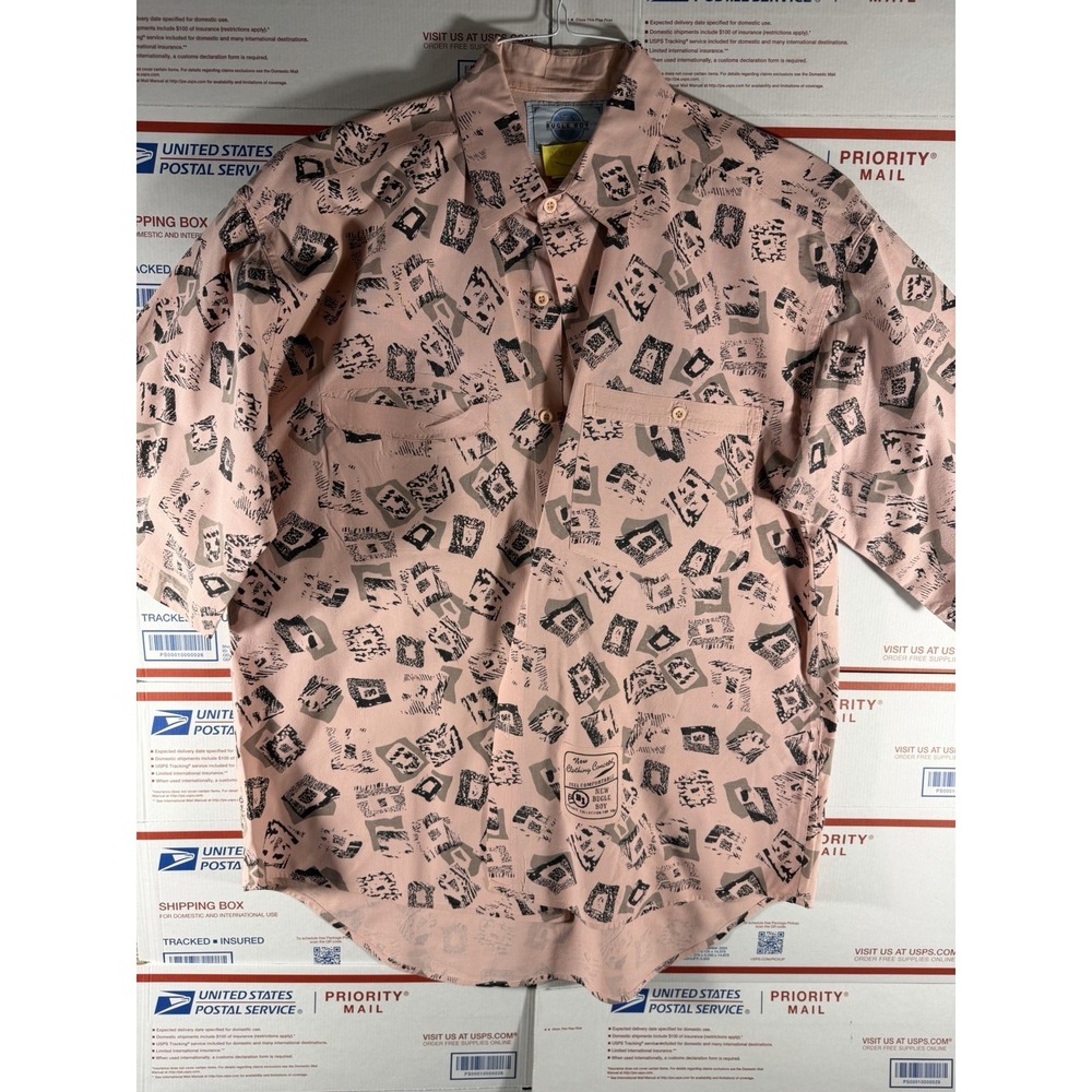 Vintage BUGLE BOY COTTON SHIRT SALMON Sz M Geometric‎ Abstract Print 90s 80s